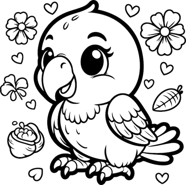 Cute little parrot black outline children coloring book