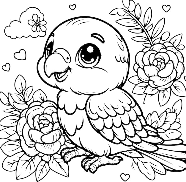 Cute little parrot black outline children coloring book