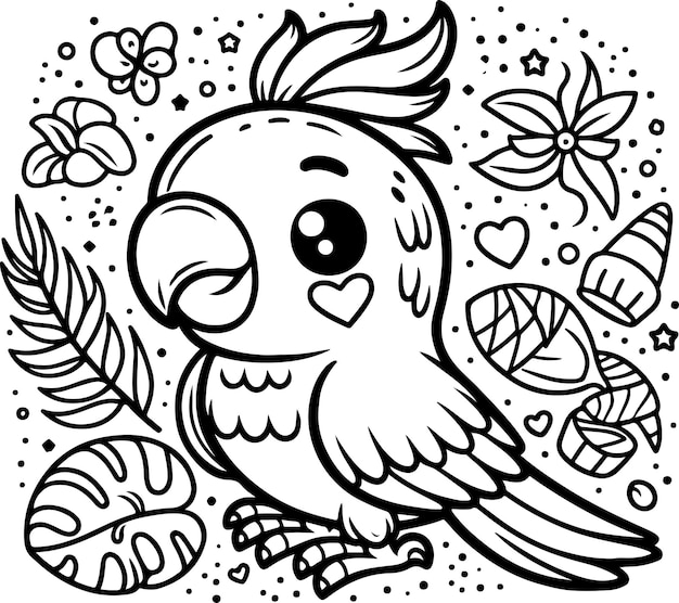 Cute little parrot black outline children coloring book