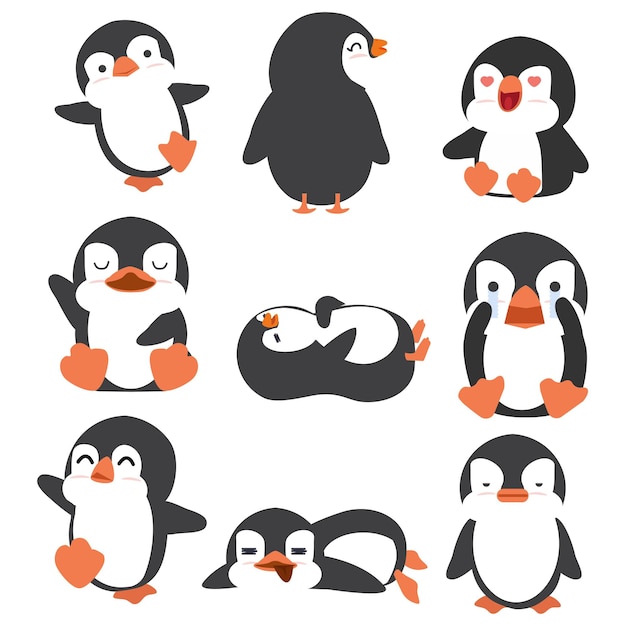 Cute little penguin cartoon set