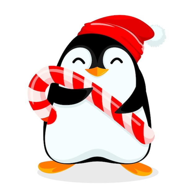 Cute little penguin holds big candy cane