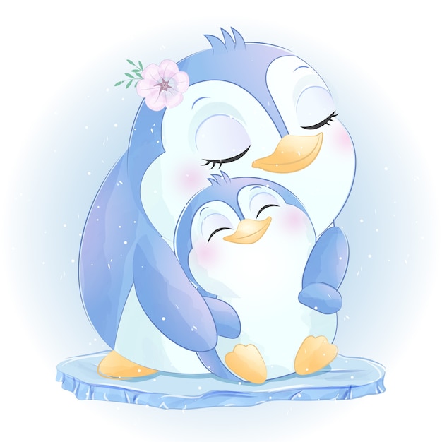Милый маленький пингвин мама и малыш
