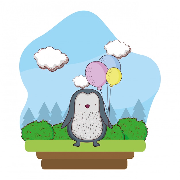 Cute little penguin with balloons helium in the field