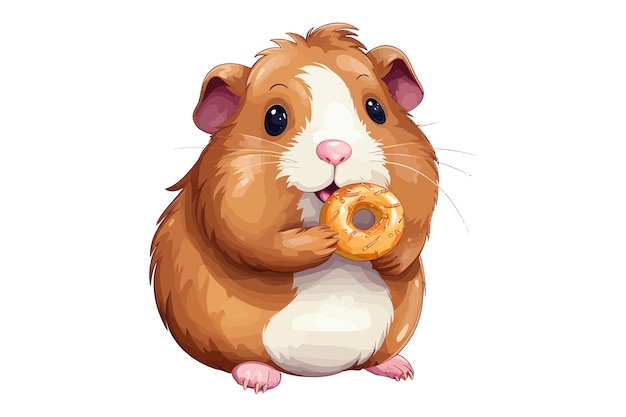 도넛 만화 평면 그래픽 벡터 일러스트를 먹는 귀여운 작은 애완 동물 기니피그 흰색 배경에 고립