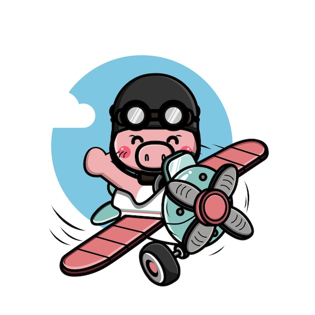 Cute little pig flying with airplane illustration