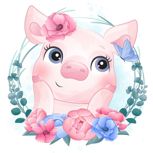 Cute little pig portrait with floral