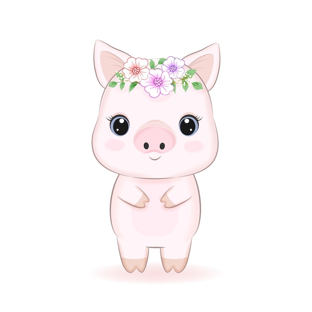 Cute Little Pig with flora cartoon illustration