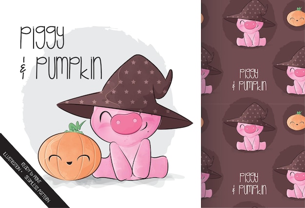 Милая маленькая свинья с тыквой счастливого хэллоуина с бесшовные модели