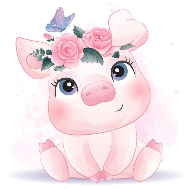 수채화 효과와 귀여운 작은 돼지
