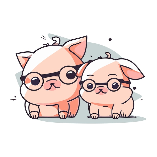 Vector cute little pigs in glasses vector illustration in cartoon style