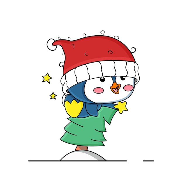 Cute little pinguin with santa hat  illustration