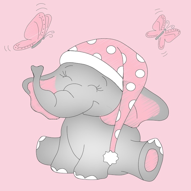 Vector cute little pink baby elephant with sleeping cap