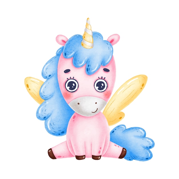 Vector cute little pink unicorn with yellow wings on a white background