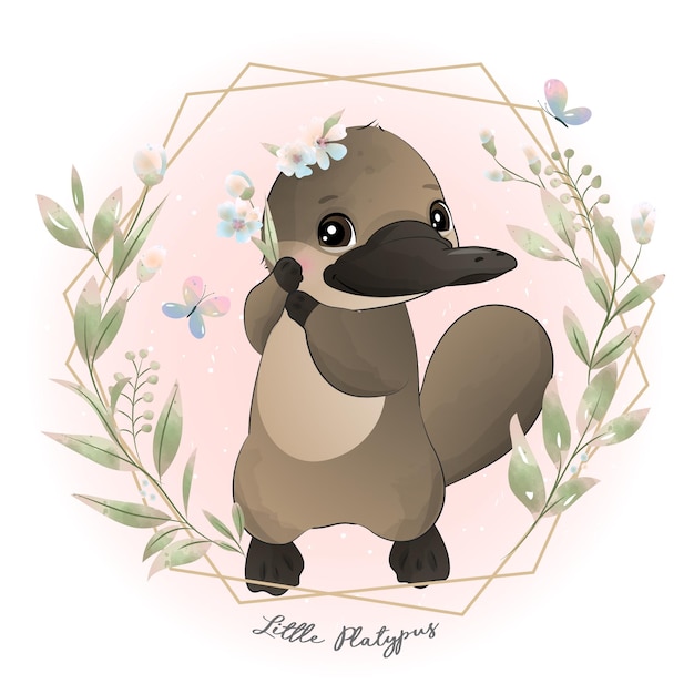 Cute little platypus with floral watercolor illustration