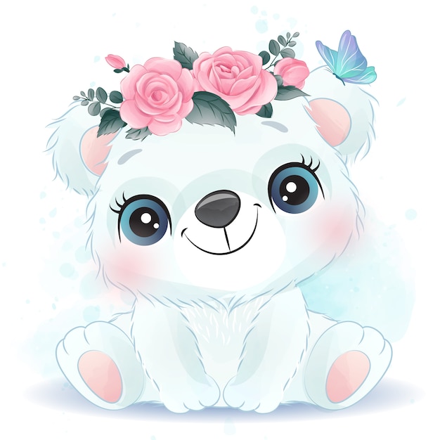 Cute little polar bear portrait with watercolor effect