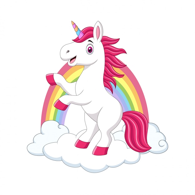 Carino piccolo pony unicorno su nuvole e arcobaleno