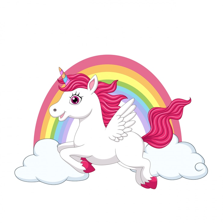 वेक्टर cute little pony unicorn with wings on clouds and rainbow