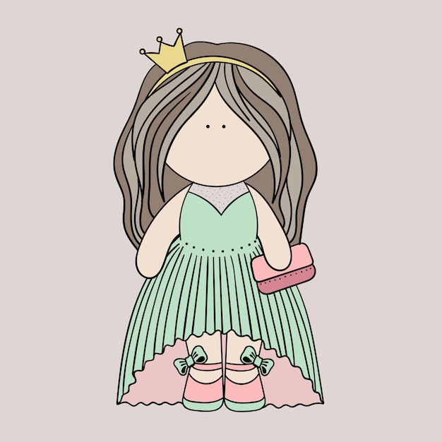 A cute little princess in a beautiful long dress with a crown and a small handbag
