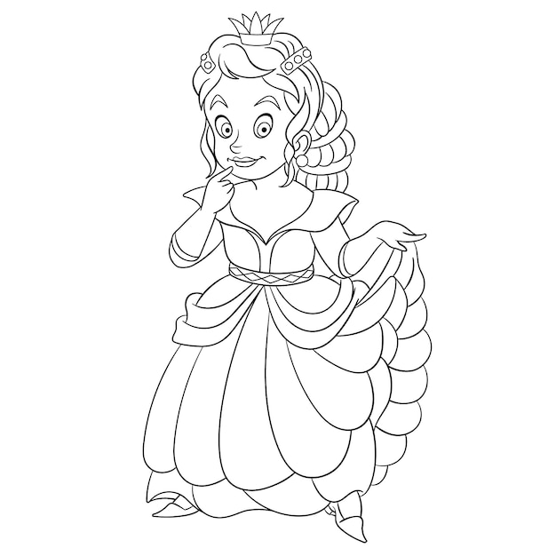 Cute little princess in dress. Cartoon coloring book page for kids.