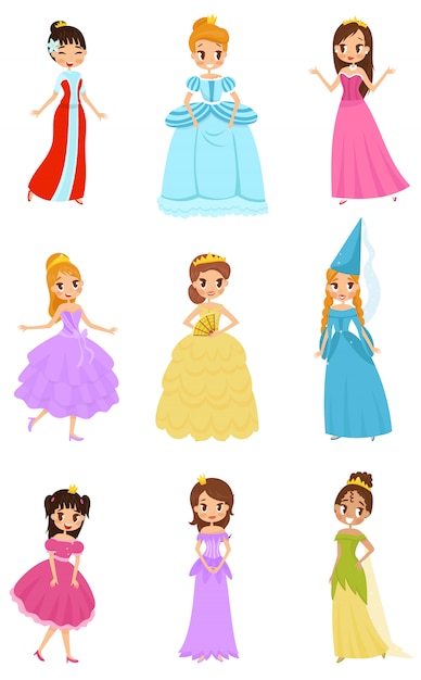 Набор милых маленьких принцесс, красивые девочки в платьях принцессы иллюстрации на белом фоне