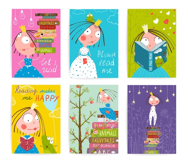 Carina piccola principessa che legge libri di fiabe. collezione di poster della biblioteca per bambini. disegno vettoriale.