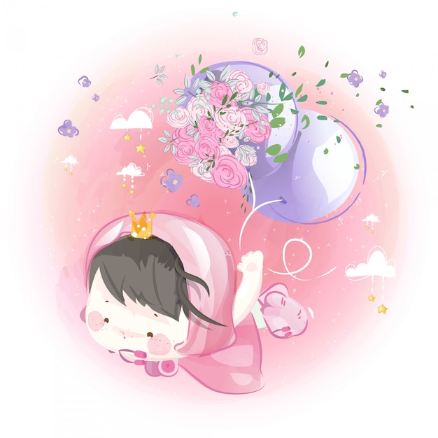 Милая маленькая принцесса с фиолетовыми воздушными шарами и цветами в ярком небе.