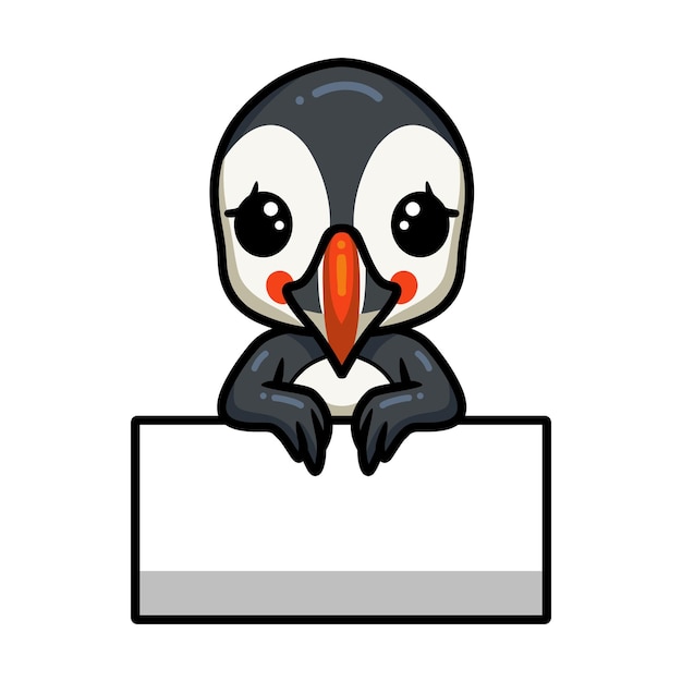 Vector cute little puffin bird cartoon with blank sign