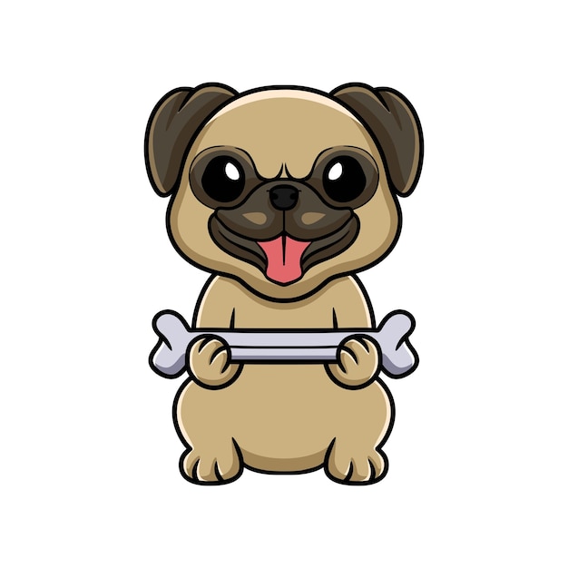 Cute little pug dog cartoon holding a bone