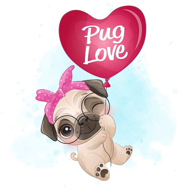 Vector cute little pug flying with love balloon