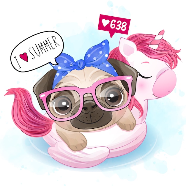 Cute little pug swimming with unicorn float