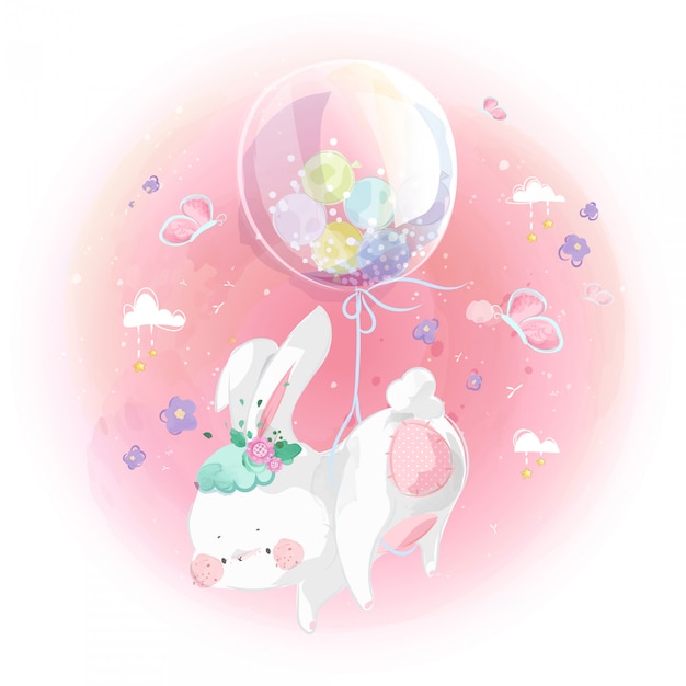 Cute little rabbit and balloon in the bright sky.