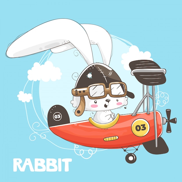 Vector cute little rabbit flying in airplane