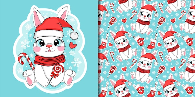 2023년의 귀여운 작은 토끼 산타클로스 상징. 카툰 벡터 스티커 및 매끄러운 패턴
