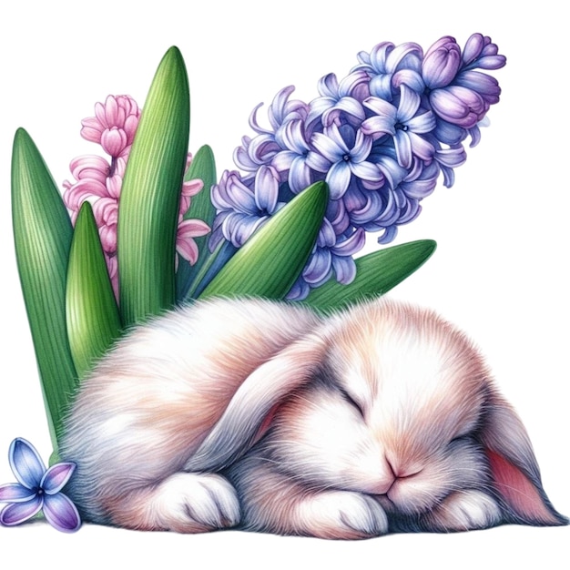 cute little rabbit sleeping on beautiful flowers