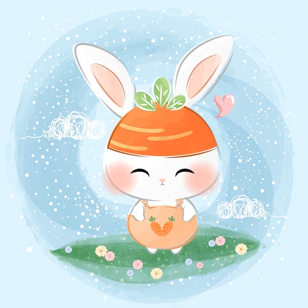 Cute little rabbit wearing carrot hat