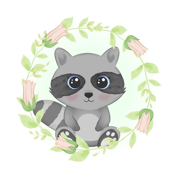 かわいいアライグマと植物相フレーム水彩イラスト