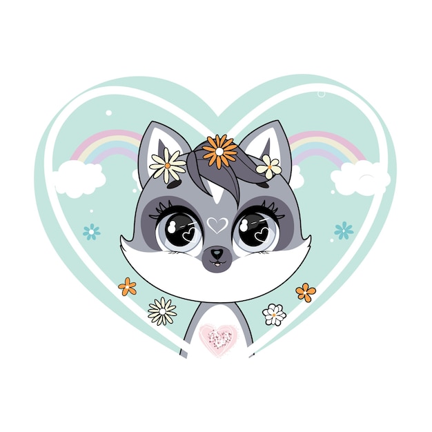 Cute little raccoon in heart shaped frame with rainbows and flowers. trendy style, modern pastel colors.