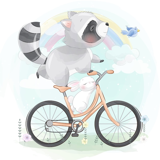 Vettore carino piccolo procione in sella a una bicicletta con coniglietto