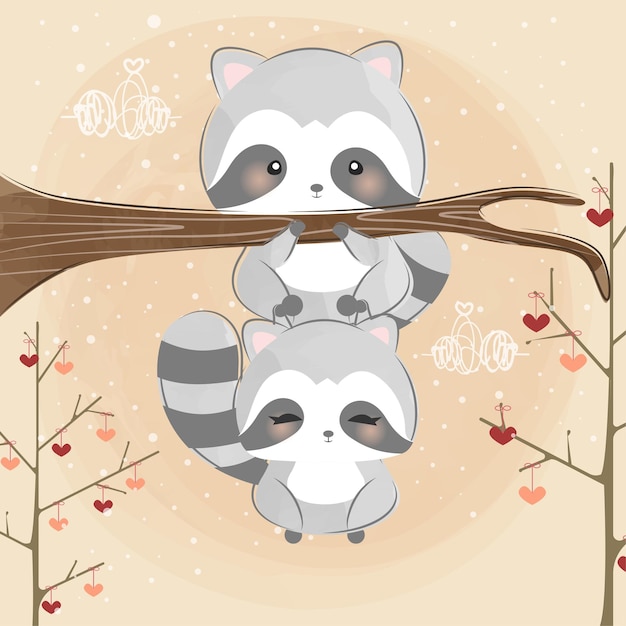 Vector cute little raccoons climb tree