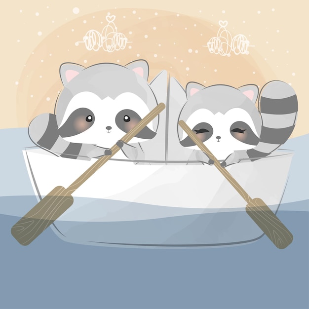 Cute little raccoons on a paper boat