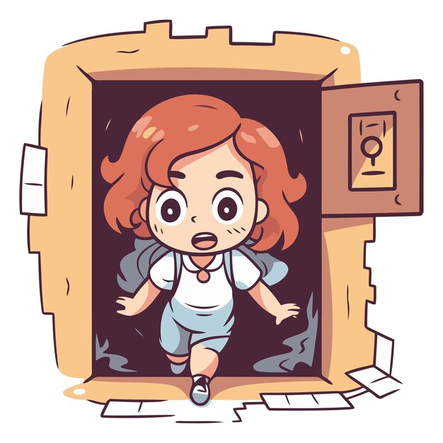 Vector cute little red haired girl running through the hole in the box