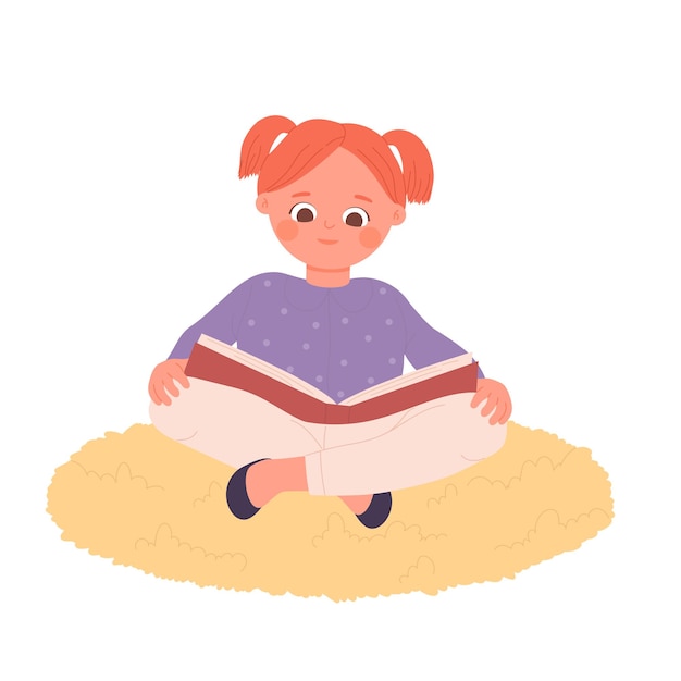 cute little red haired girl sitting and reading storybook