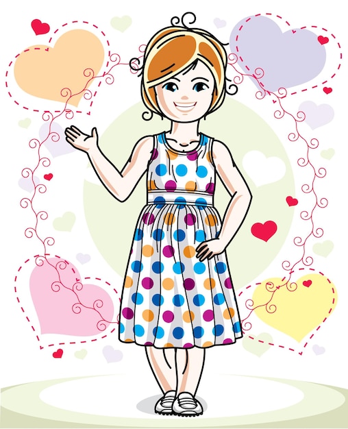 Vector cute little redhead girl in fashionable casual clothes standing on colorful backdrop with hearts. vector human illustration.