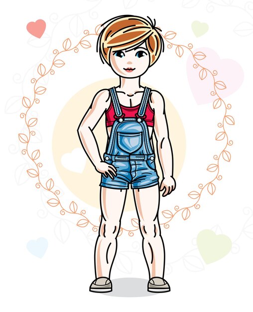 Cute little redhead girl in fashionable casual clothes standing on colorful backdrop with hearts. Vector human illustration.