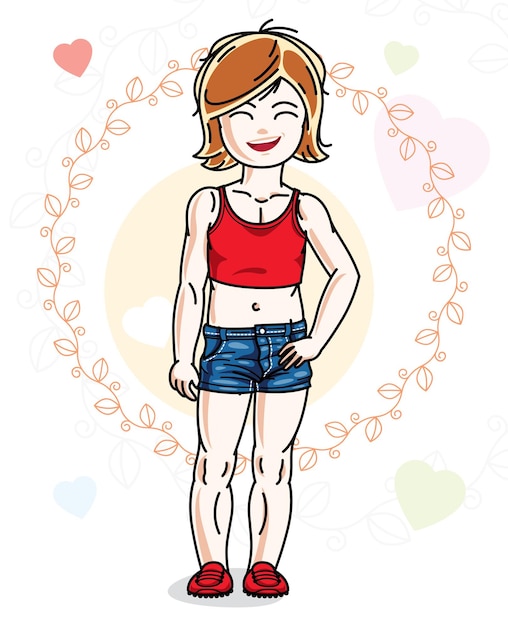 Cute little redhead girl in fashionable casual clothes standing on colorful backdrop with hearts. Vector human illustration.