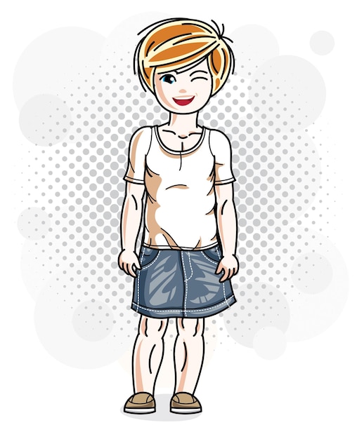 Cute little redhead girl in jeans wear. vector illustration of human standing