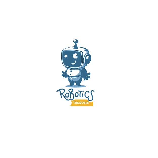 Vector cute little retro style robot for your robotic lessons and educational program vector logo template with lettering composition