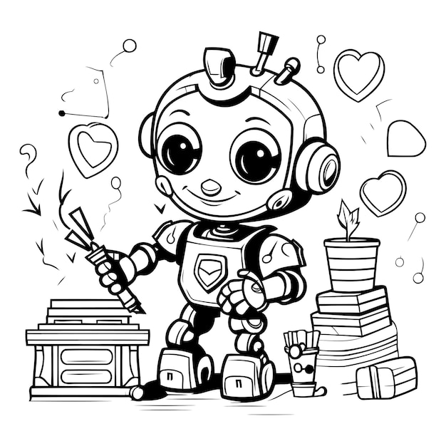 Vettore piccolo ragazzo robot carino illustrazione vettoriale in bianco e nero per il libro da colorare