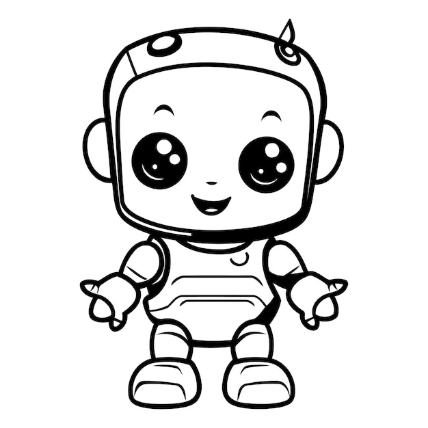 Cute little robot cartoon Vector illustration Black and white