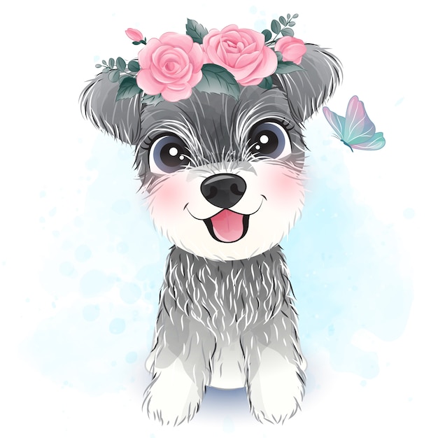 Vector cute little schnauzer with floral illustration